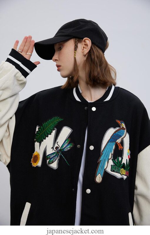 Corduroy Raglan Sleeve Embroidery Sunflower Dragonfly Japan Streetwear Jacket 11
