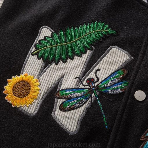 Corduroy Raglan Sleeve Embroidery Sunflower Dragonfly Japan Streetwear Jacket 6