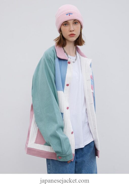 Color Block Patchwork Heart Pocket Streetwear Japan Jacket 11