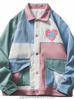 Color Block Patchwork Heart Pocket Streetwear Japan Jacket