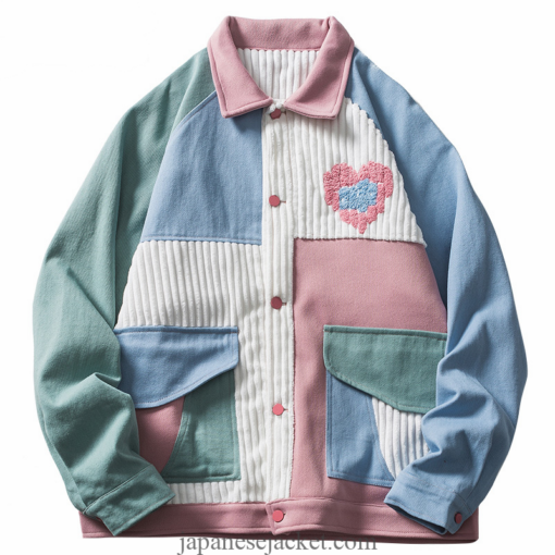 Color Block Patchwork Heart Pocket Streetwear Japan Jacket