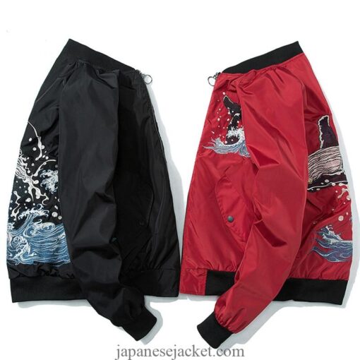 Whale Riding The Great Wave Japanese Embroidered Sukajan Souvenir Jacket (Black, Green, Red) 4