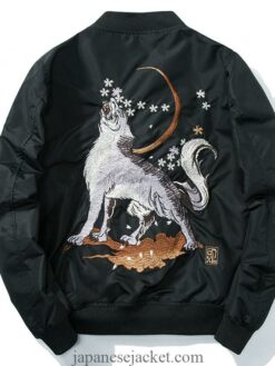 Floral Full Moon White Wolf Embroidered Sukajan Souvenir Jacket 1