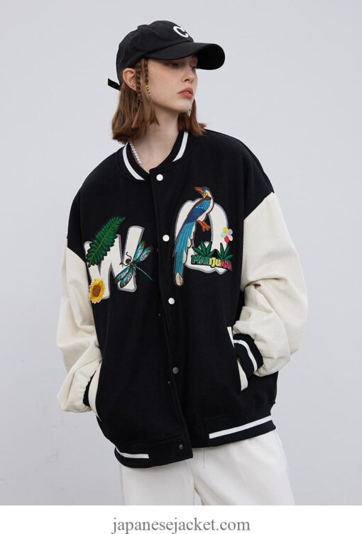 Corduroy Raglan Sleeve Embroidery Sunflower Dragonfly Japan Streetwear Jacket 10