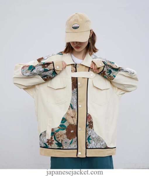 Color Block Patchwork Denim Embroidery Flower Japan Streetwear Jacket 11