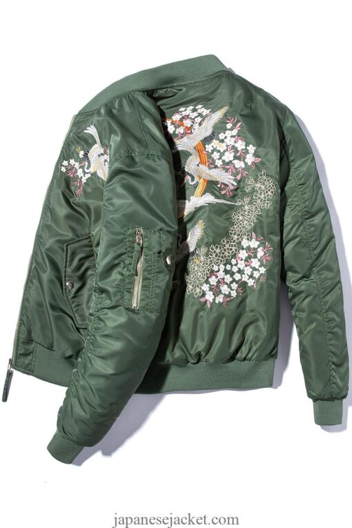 Floral Rising Cranes Embroidered Sukajan Souvenir Jacket (Green, Black) 5