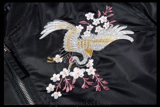 Embroidered Floral Rising Cranes Sukajan Japanese Jacket (Green, Black) 1